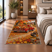 Red Vintage Truck Pumpkin Rug in a bedroom beside the bed