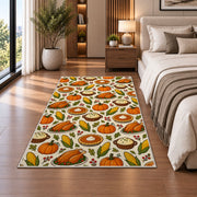 Thanksgiving Food Pattern Rug in a bedroom beside the bed