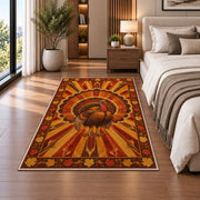 Turkey Sunburst Rug in a bedroom beside the bed