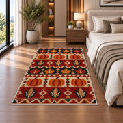 Southwestern Pumpkin Corn Rug in a bedroom beside the bed