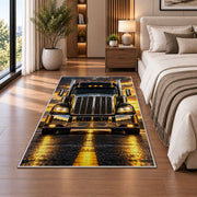 Chrome semi truck front rug in a bedroom beside the bed