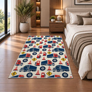 Semi truck pattern rug in a bedroom beside the bed