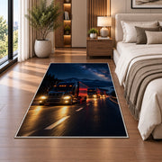 Semi truck convoy at night rug in a bedroom beside the bed