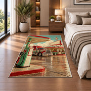 Retro truck stop rug in a bedroom beside the bed