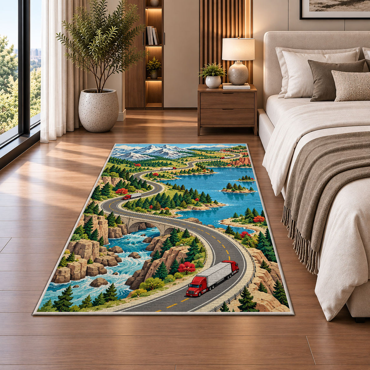 Illustrated road map with trucks rug in a bedroom beside the bed
