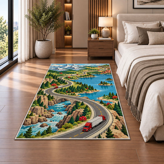 Illustrated road map with trucks rug in a bedroom beside the bed