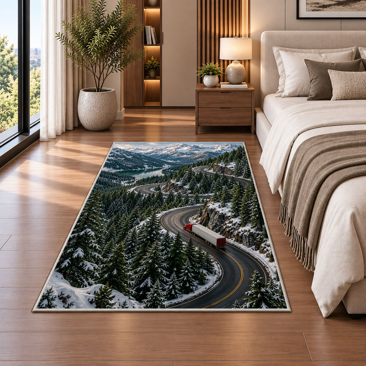 Semi truck on mountain pass rug in a bedroom beside the bed
