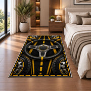 Truck steering wheel rug in a bedroom beside the bed