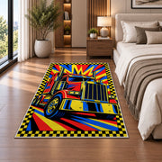 Pop art semi truck rug in a bedroom beside the bed