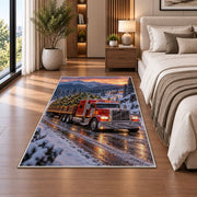 Christmas tree semi truck rug in a bedroom beside the bed