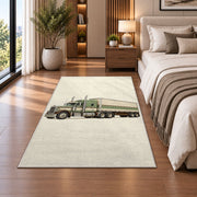 Vintage 1950s truck rug in a bedroom beside the bed
