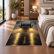 Semi truck headlights in fog rug in a bedroom beside the bed