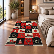 Checkered trucks and road signs rug in a bedroom beside the bed