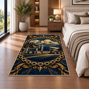 Trucker badge emblem rug in a bedroom beside the bed