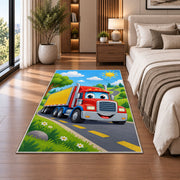 Cute cartoon semi truck rug in a bedroom beside the bed