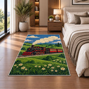 Vintage Steam Train Rug in a bedroom beside the bed