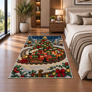 Christmas Train Rug in a bedroom beside the bed