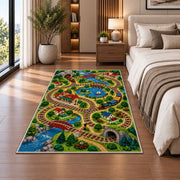 Train Track Play Rug in a bedroom beside the bed