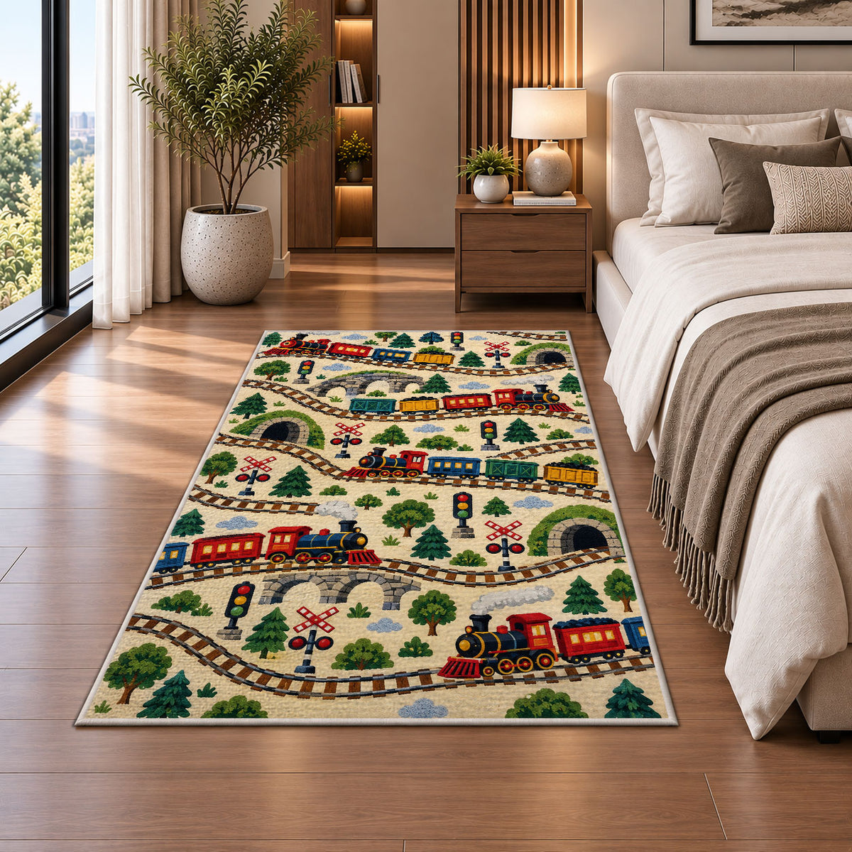 Train Pattern Rug in a bedroom beside the bed