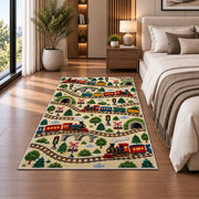 Train Pattern Rug in a bedroom beside the bed