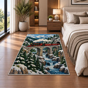 Mountain Train Bridge Rug in a bedroom beside the bed