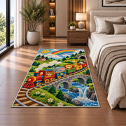 Wooden Toy Train Rug in a bedroom beside the bed