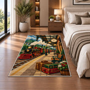 Vintage Train Station Rug in a bedroom beside the bed