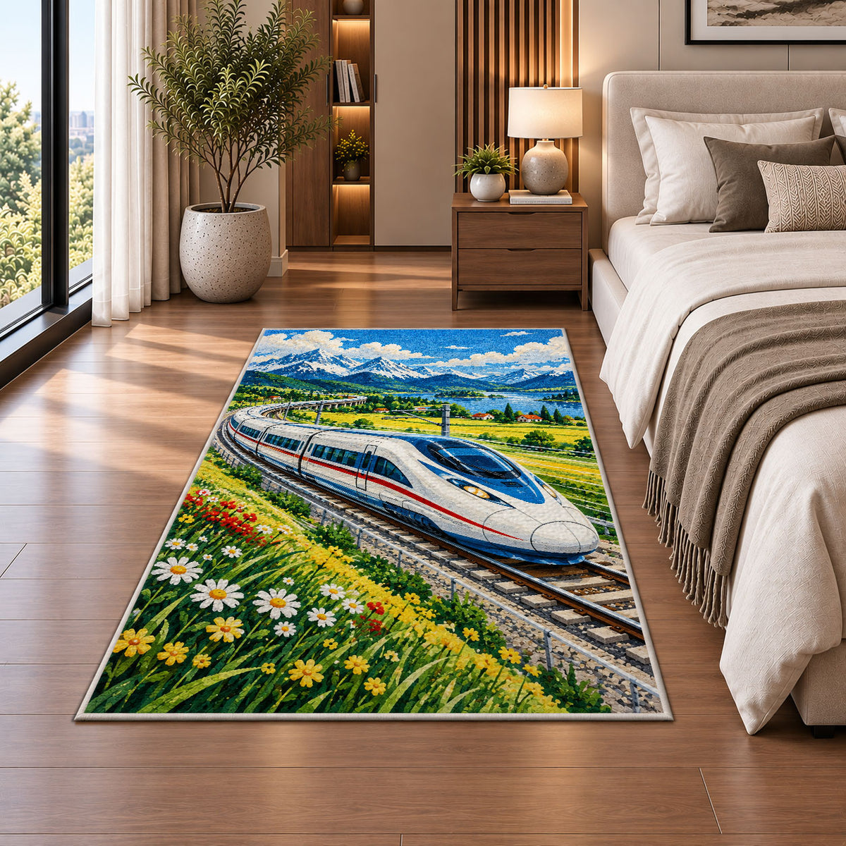 High Speed Train Rug in a bedroom beside the bed