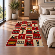 Retro Train Checkered Rug in a bedroom beside the bed