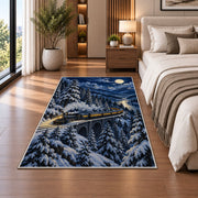 Winter Night Train Rug in a bedroom beside the bed