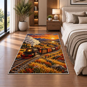 Freight Train Sunset Rug in a bedroom beside the bed