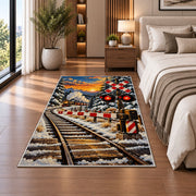 Railroad Crossing Rug in a bedroom beside the bed