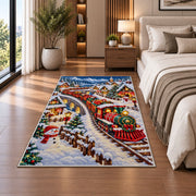 Christmas Village Train Rug in a bedroom beside the bed