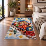 Teddy Bear Train Rug in a bedroom beside the bed