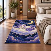 unicorn sleeping on a cloud rug in a bedroom beside the bed