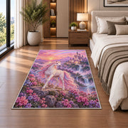 unicorn before a fairytale castle rug in a bedroom beside the bed