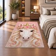 unicorn face with flower crown rug in a bedroom beside the bed
