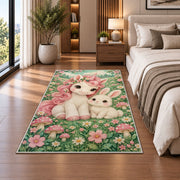 baby unicorn and bunny friend rug in a bedroom beside the bed
