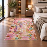 unicorn in a candy garden rug in a bedroom beside the bed