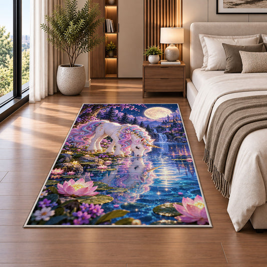 unicorn drinking at a moonlit lake rug in a bedroom beside the bed
