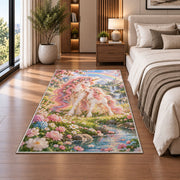 mother and baby unicorn rug in a bedroom beside the bed