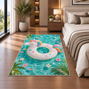 unicorn pool float rug in a bedroom beside the bed