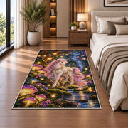 unicorn in an enchanted forest rug in a bedroom beside the bed