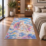 unicorn on clouds with double rainbow rug in a bedroom beside the bed