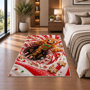 A cheerful gingerbread figure with a green bow pops out of a bold peppermint spiral; rug shown in a neutral office with size label