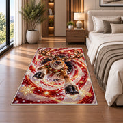 A smiling reindeer with a bell collar emerges from sweeping red and golden spiral rings; rug shown in a neutral office with size label