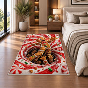 A friendly gingerbread figure steps out of a swirling cookie-filled tunnel; rug shown in a neutral office with size label