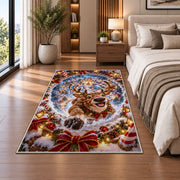 A smiling reindeer emerges from a blue snow spiral surrounded by golden lights and snowy branches; rug shown in a neutral office with size label