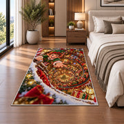 A smiling elf leans over a sweeping spiral of glowing toys and wrapped presents; rug shown in a neutral office with size label