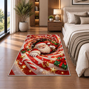 Santa peeks out of a sparkling candy cane spiral with a white-gloved hand resting in front; rug shown in a neutral office with size label